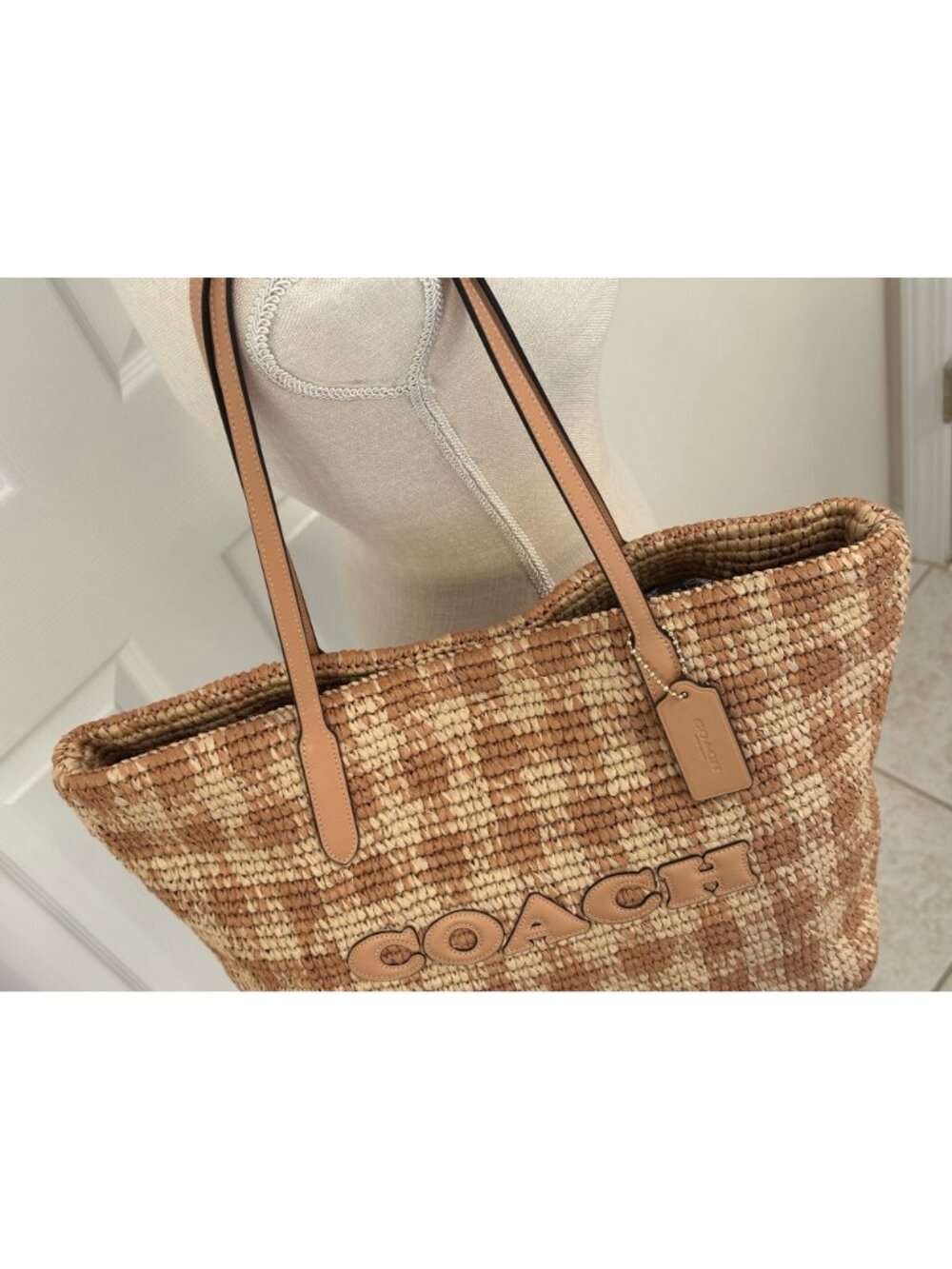 Coach City Tote Gingham Print Woven Straw and Smooth Tan Leather Trim CES22 NWT - Picture 6 of 12